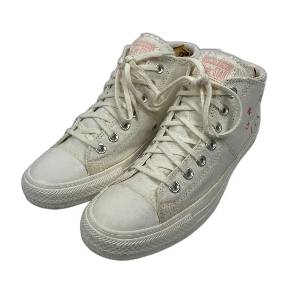 Floral Converse All Star Mid Top Shoes Woman's Size 10 White Embroidered Shoes - Picture 4 of 12